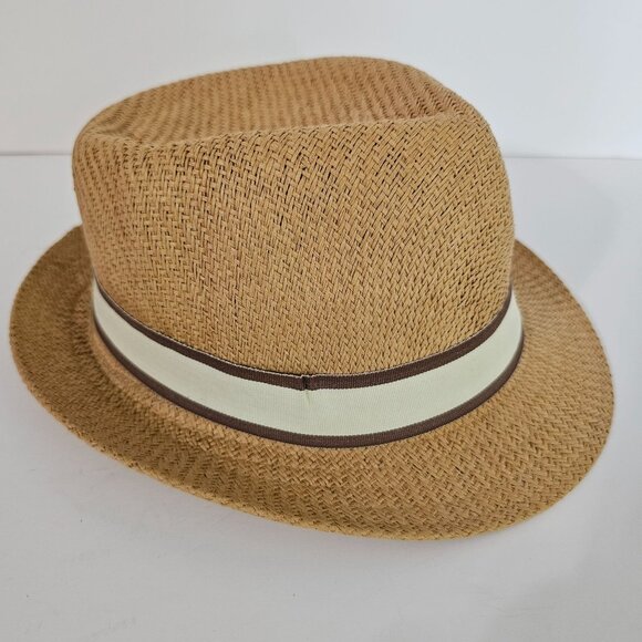 Henschel Medium Natural Straw Fedora Hat With Brown & White Trim‎ Band USA《804》A - Picture 2 of 5